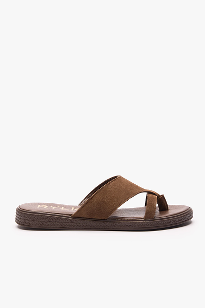 Brown leather sandal with a cross strap design on a white background.