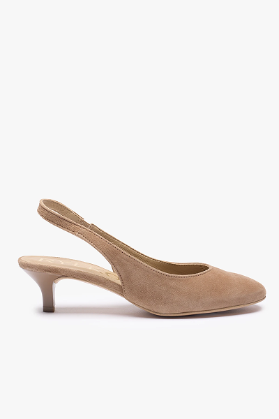 Beige suede slingback kitten heel shoe on white background