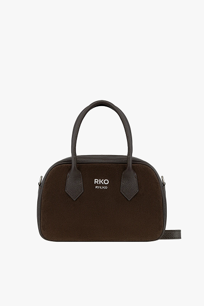 Elegant brown handbag with RKO logo, featuring sturdy handles and sleek design.