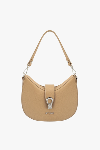 Tan leather handbag with silver clasp and shoulder strap on white background