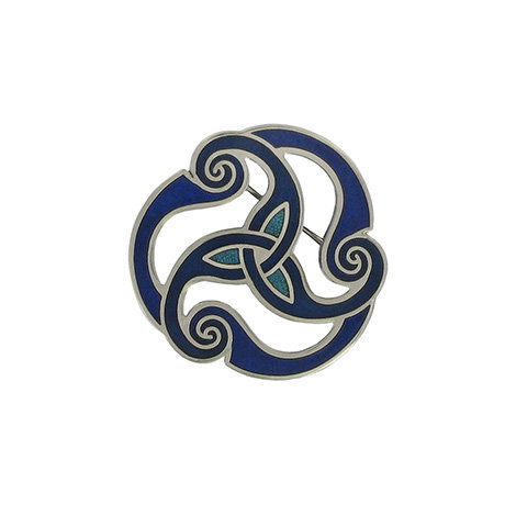 Decorative brooch featuring an enamelled Celtic triskele design. - Shop Now.
