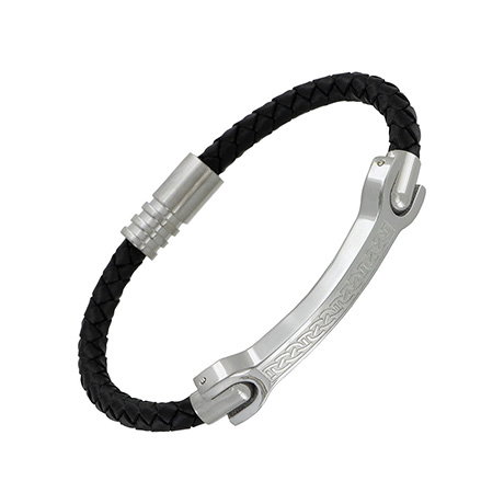 Braided black leather men's bracelet featuring a stainless-steel bar with a detailed Celtic knot design. - Shop Now.