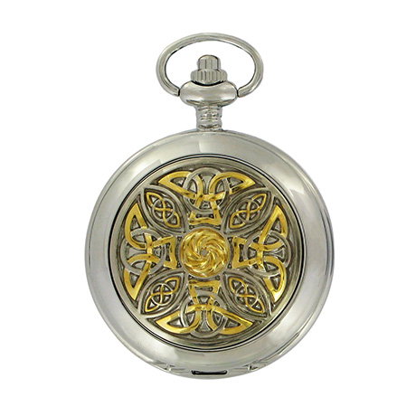 Double full hunter pocket watch with 17 jewel skeleton mechanical movement and a Celtic knot case design. - Shop Now.
