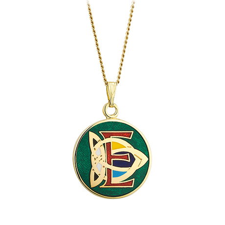 Gold-plated necklace featuring a decorative “E” pendant with a Celtic-inspired design. - Shop Now.