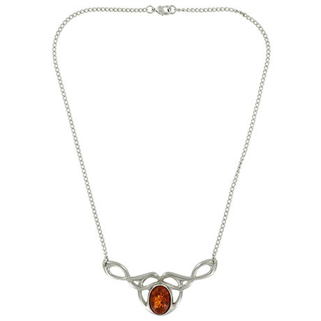 Pewter openwork necklace set with an amber gemstone inspired by Celtic jewellery. - Shop Now.