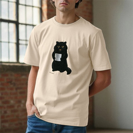 Oat T-shirt featuring a design of a cat holding a “Home Sweet Home” sign, worn by a model. - Shop Fashion.