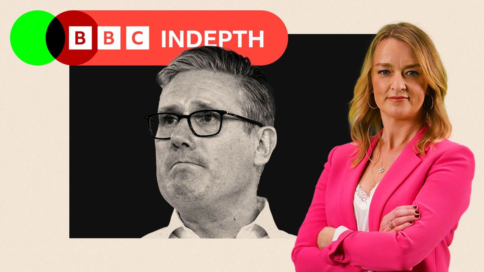 A black and white image shows Keir Starmer looking off camera seriously. A cutout of Laura Kuenssberg wearing a pink jacket is on the right. The image has a pink border and the BBC InDepth logo in red and green is in the top left corner.