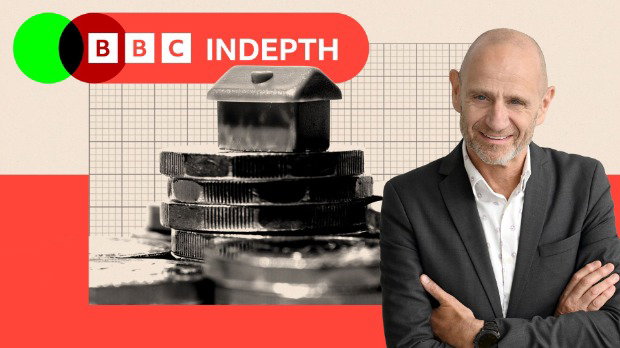An image of a small model house stacked on some coins, with an image of Evan Davies to the right. The picture has a red and pink border and the BBC InDepth logo is in red and green in the top left corner.