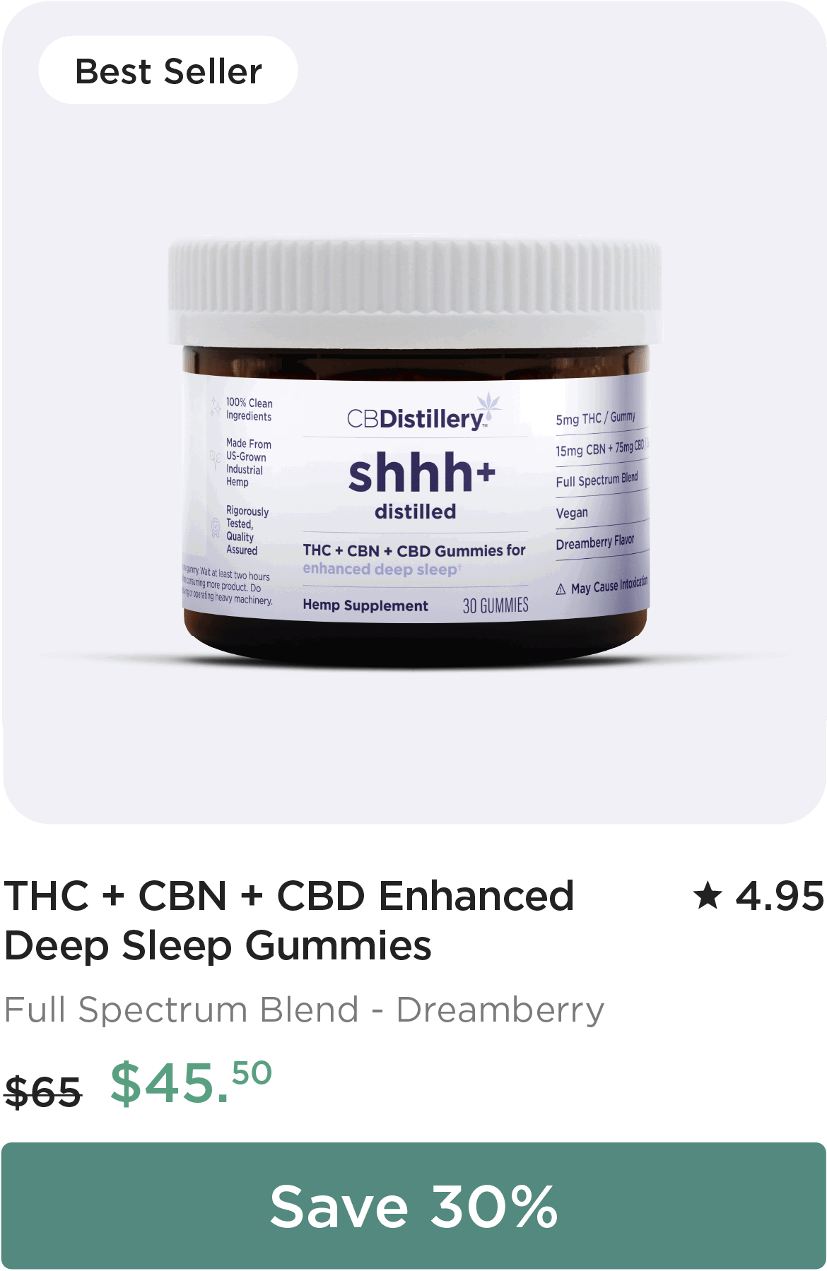 THC + CBN + CBD Enhanced Deep Sleep Gummies, originally $65, now $45.50. Save 30%