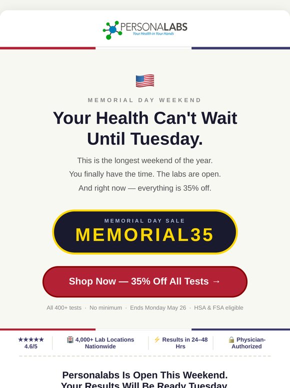 🇺🇸 35% off all lab tests — Memorial Day. use code MEMORIAL35 at checkout