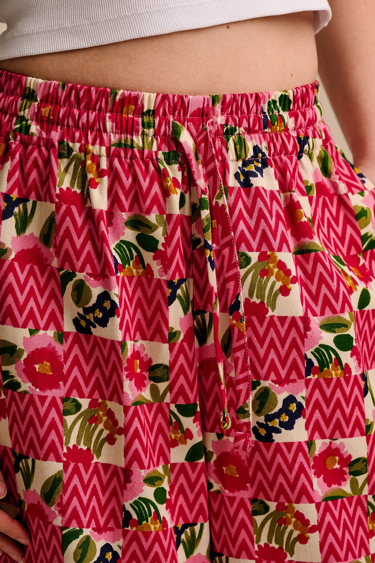 Charlie - Cotton Chuck - Wide Leg Cotton Trousers in Zig Zag Floral CheckerboardBeach Shorts in Leo Swirl