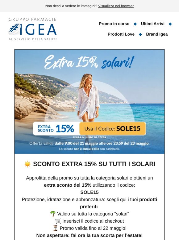 Preparati al sole 🌞 Extra 15% di sconto su tutti i solari con il codice SOLE15