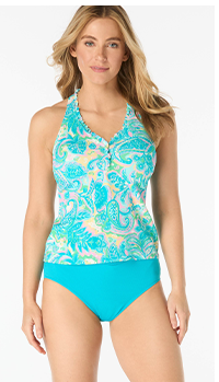 Shop Beach House Nina Ruffled Trim Textured Tankini Top in The Sweet Life