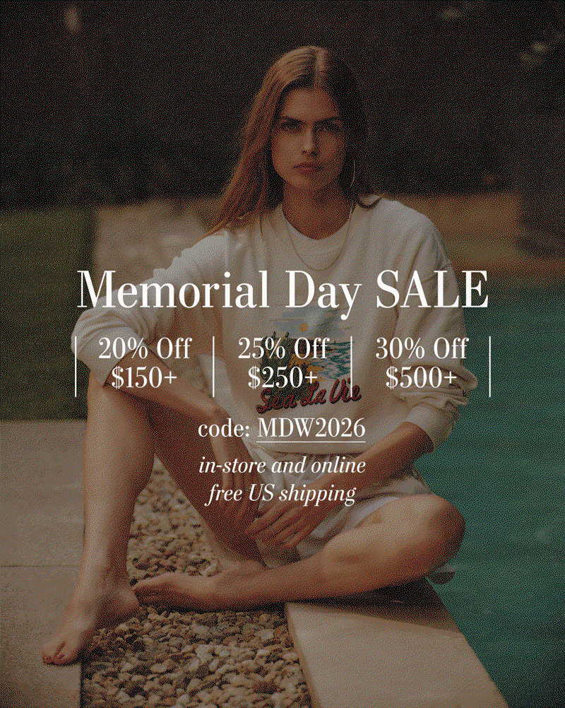 Memorial Day Sale 20% off $150+, 25% off $250, 30% off $500+ code: MDW2026 In-store and online Free U.S Shipping. GIF of 2 images, woman sitting next to pool wearing Kenna Sweatshirt and man sitting down wearing Dillon Sweater Polo 