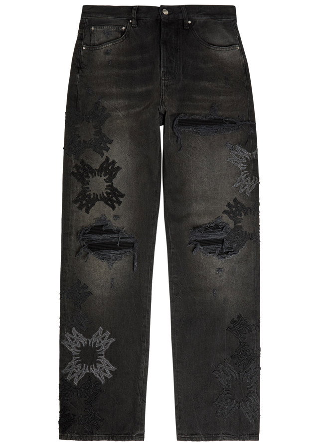 AMIRI Distressed logo-appliquéd straight-leg jeans