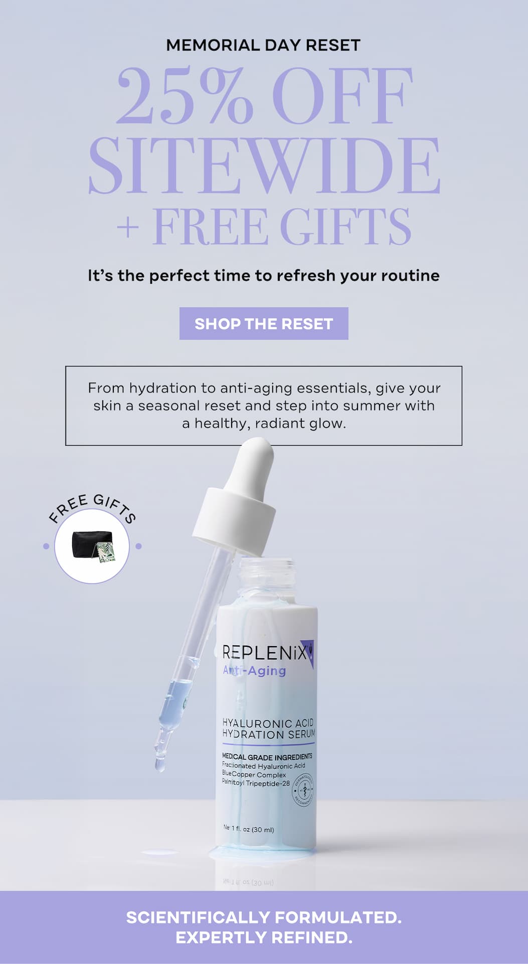 Replenix Summer Glow skincare event featuring 25% off sitewide plus complimentary gifts including pouch, mirror on a bright seasonal background.