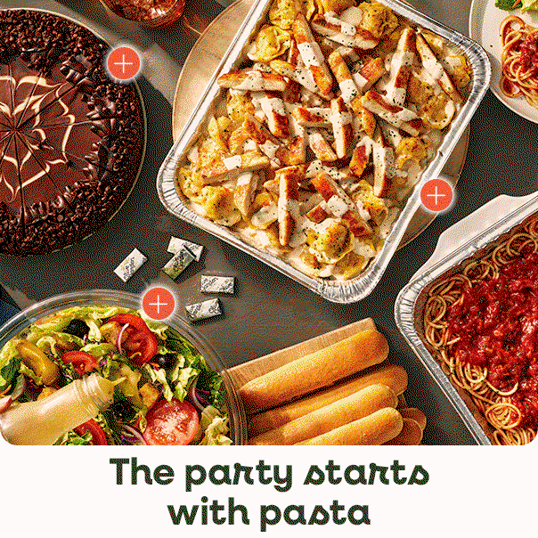 Olive Garden party‑size pasta dishes with salad, breadsticks, and dessert, with text reading “The party starts with pasta.”