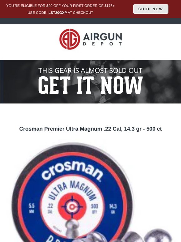 🔥 The Crosman Premier Ultra Magnum .22 Cal, 14.3 gr - 500 ct is selling fast! Save $20 when you check out 🔥