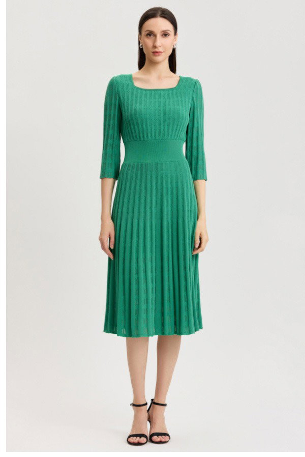 Linear Pointelle Tonal Knit Fit-N-Flare Midi Dress, Kelly Green