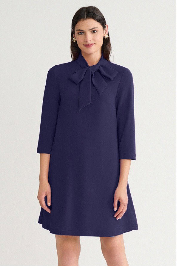 Stretch Deco Crepe Tie-Neck Tent Dress, Indigo
