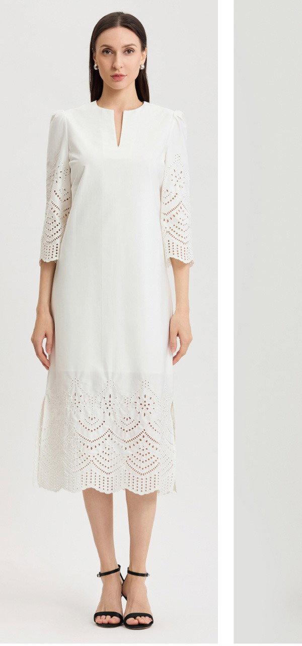 Lined Eyelet Straight Cotton Maxi Dress
