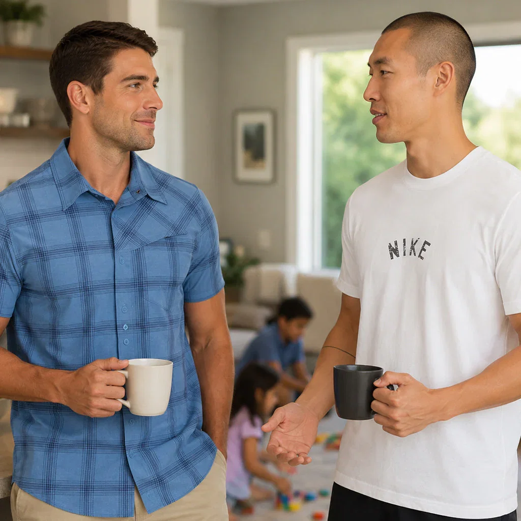 Two men holding mugs conversing in a bright home with children playing in the background.