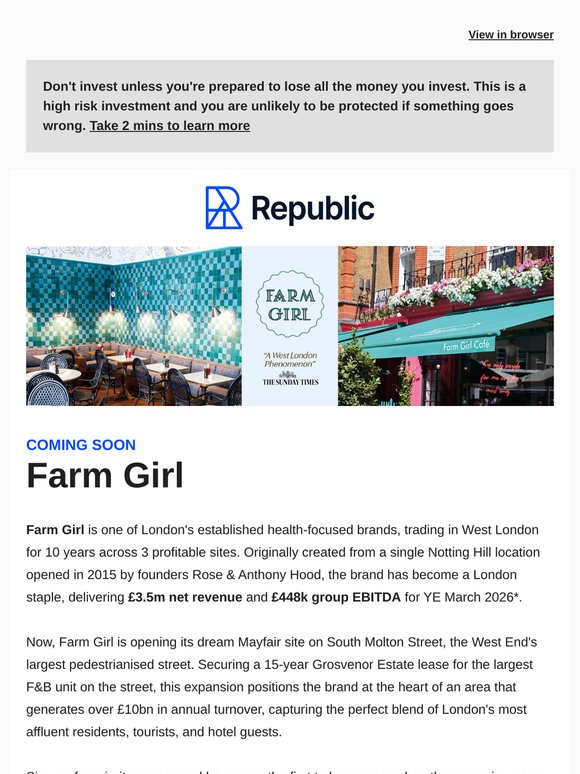 COMING SOON: Farm Girl | Established London hospitality brand with £3.5m net revenue expanding to Mayfair
