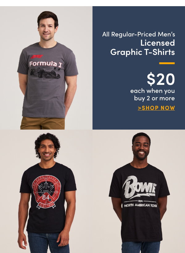 All Regular-Priced Men's Licensed Graphic T-shirts $20 each when you buy 2 or more