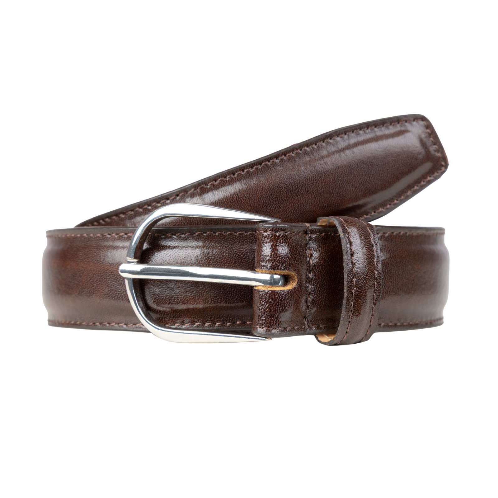 Loop posistion of men's heritage lined leather belt with shiny silver buckle and stitched edge in brown. 