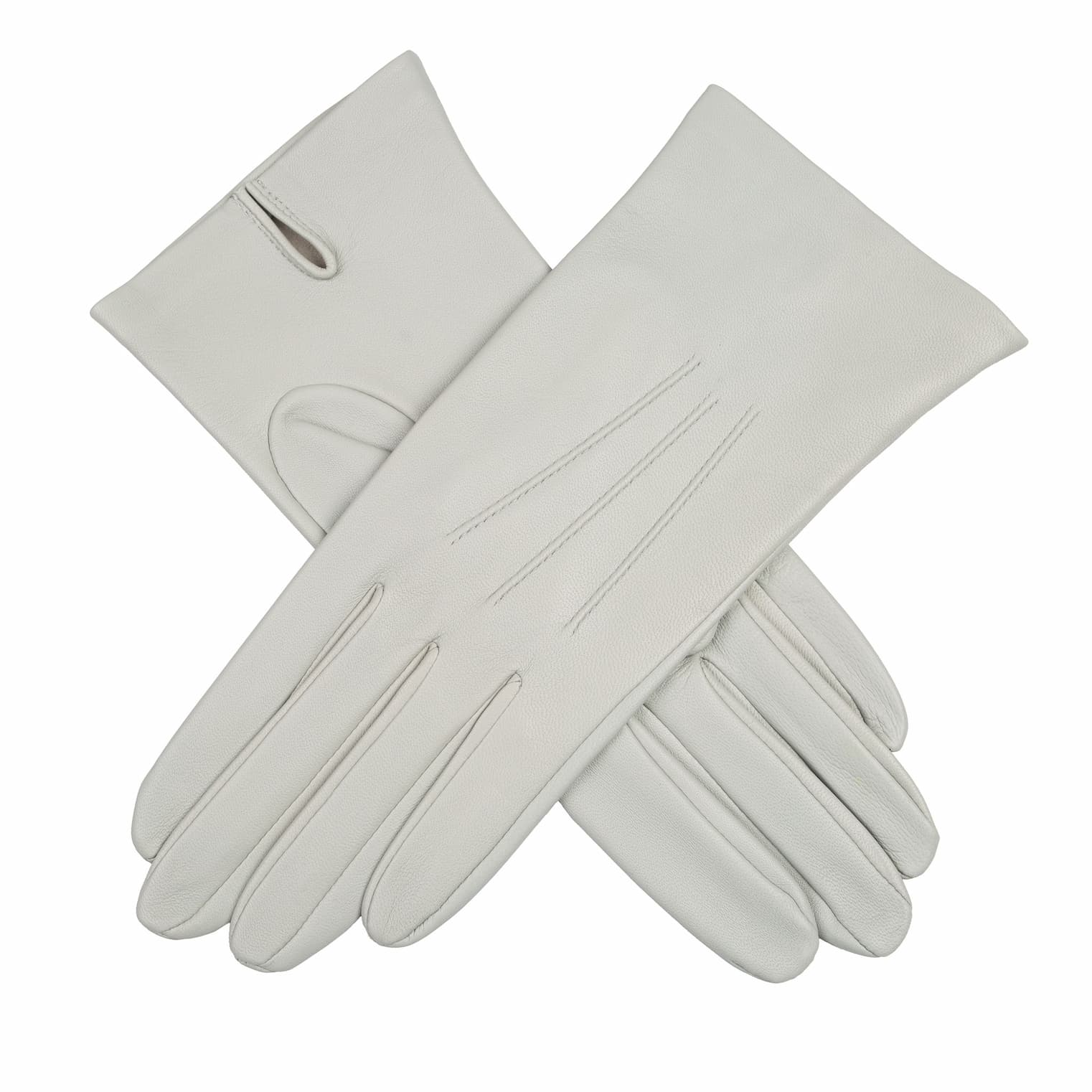 Criss-cross position of women's three-point  leather gloves in silver.