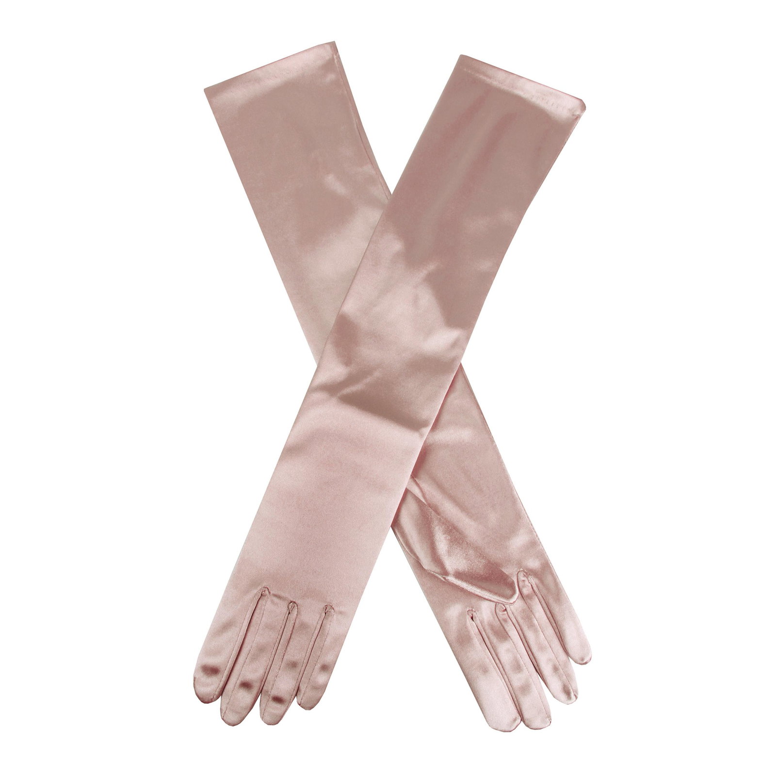 Criss-cross position of women's long above-elbow satin gloves in pink. 