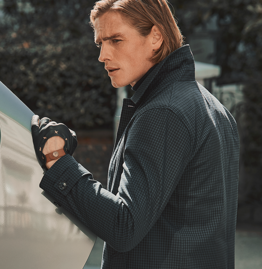 Man wearing The Suited Racer Two-Colour Leather Driving Gloves