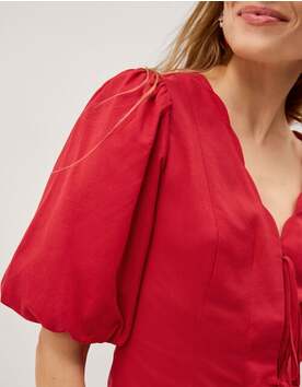 Willa Puff Sleeve Tie Front Top Red