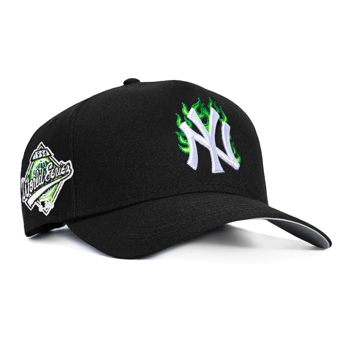 Image of New Era 9Forty A-Frame New York Yankees 1996 World Series Patch Flame Snapback Hat - Black, Kelly, Light Green