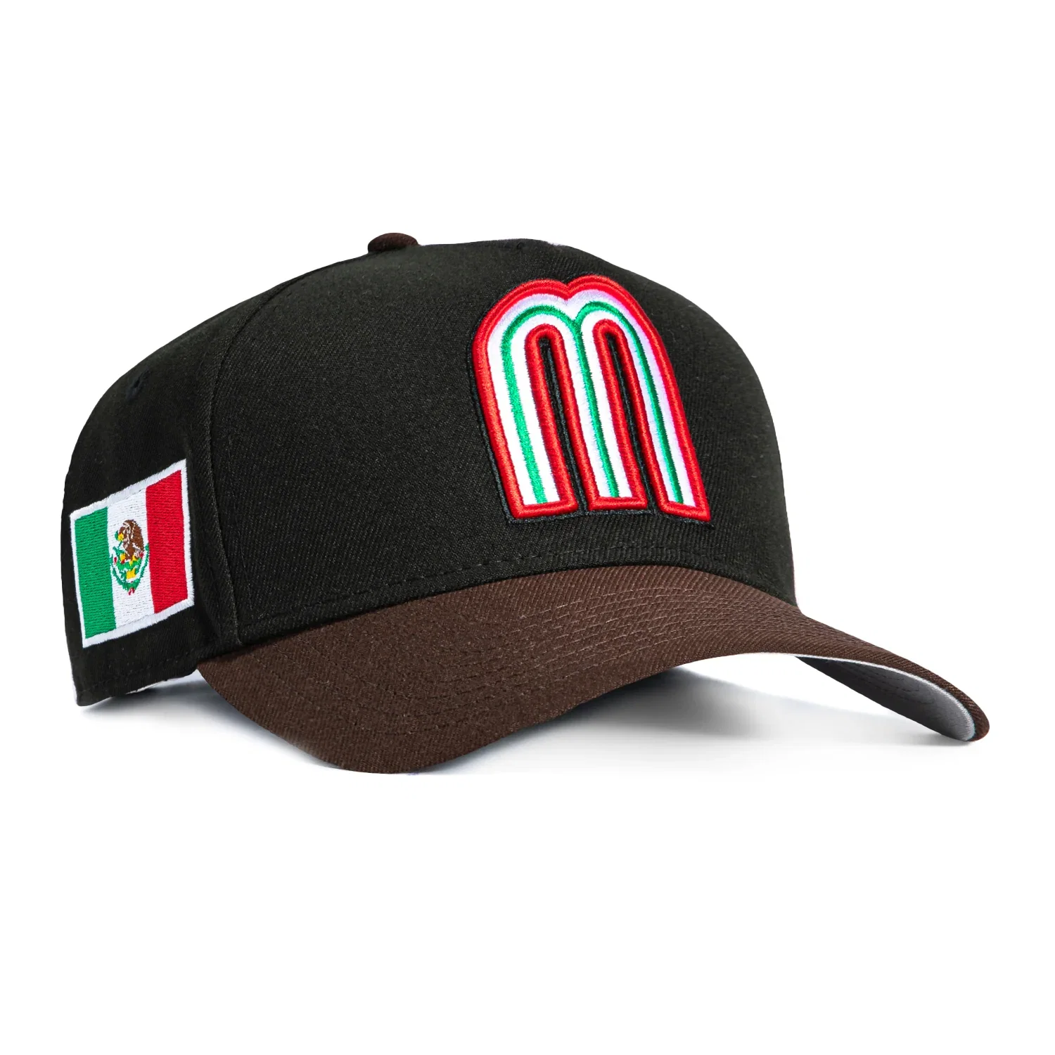 Image of New Era 9Forty A-Frame Mexico World Baseball Classic Mexico Flag Patch Snapback Hat - Black, Brown