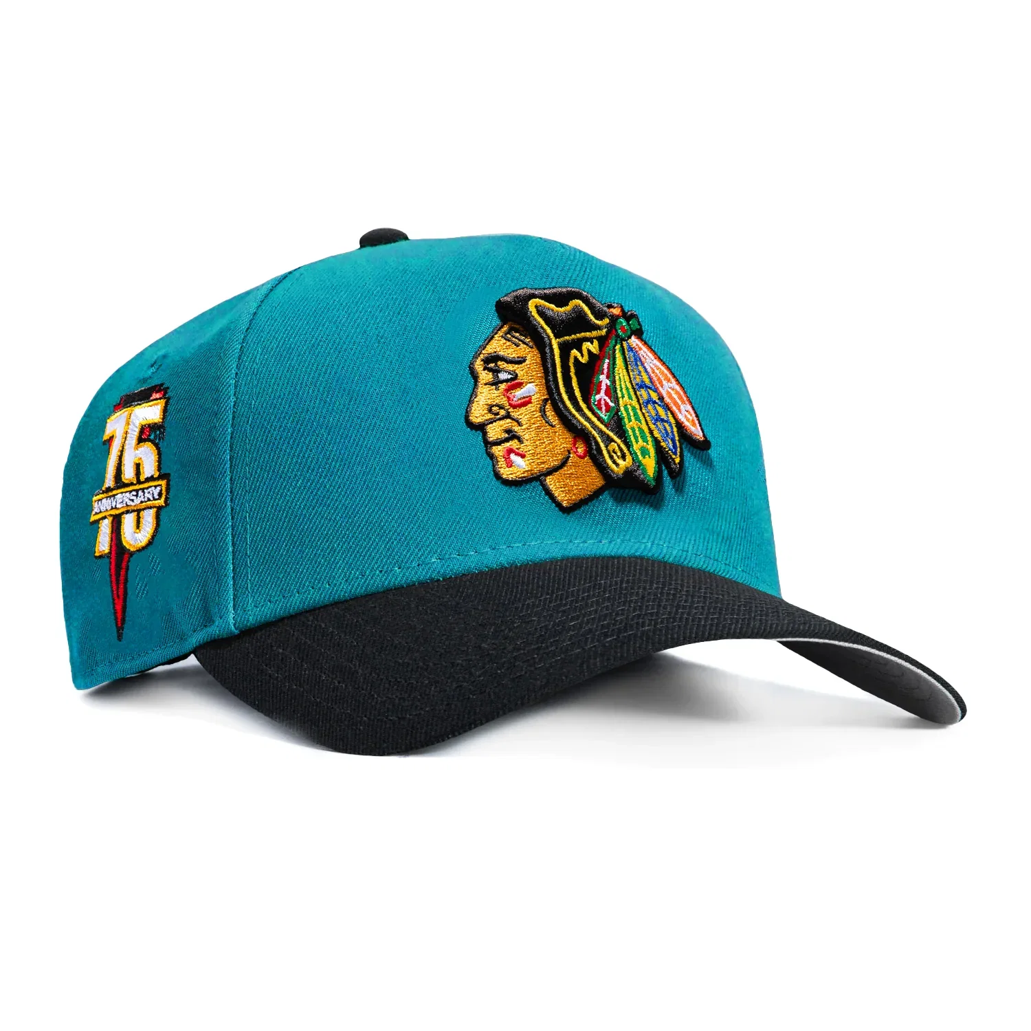 Image of New Era 9Forty A-Frame Teal Story Chicago Blackhawks 75th Anniversary Patch Snapback Hat - Teal, Black