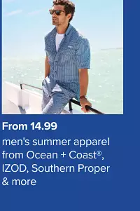 A man in a blue button up shirt. From 14.99 men's summer apparel from Ocean and Coast, Izod, Southern Proper and more.