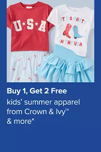 Red, white and blue apparel. Buy one, get two free kids' summer apparel from Crown and Ivy and more.
