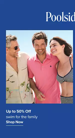 Two men in summer apparel and a woman in a swimsuit. Up to 50% off swim for the family. Shop now.