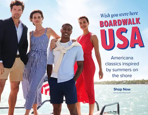 Two men in summer apparel and two women in dresses. Boardwalk USA. Americana classics insipred by summers on the shore. Shop now.