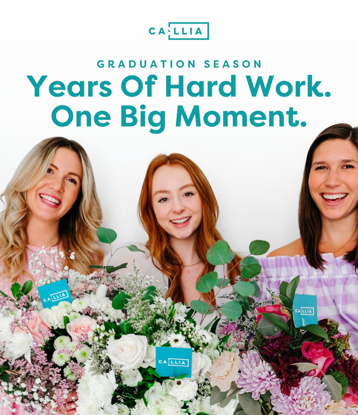 Three new grads holding Callia bouquets