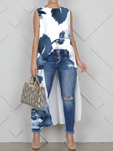 Image of Loose Casual Floral Crew Neck Tank Top