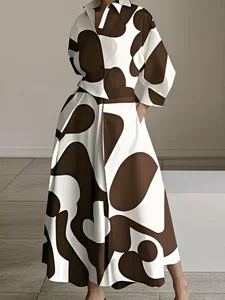 Image of Urban Color Block Printing Shirt Collar Midi Dress