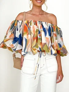 Image of Boat Neck Vacation Loose Floral Print Shirt