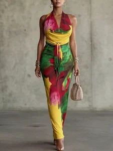 Image of Elegant Floral Printing V Neck Maxi Dress