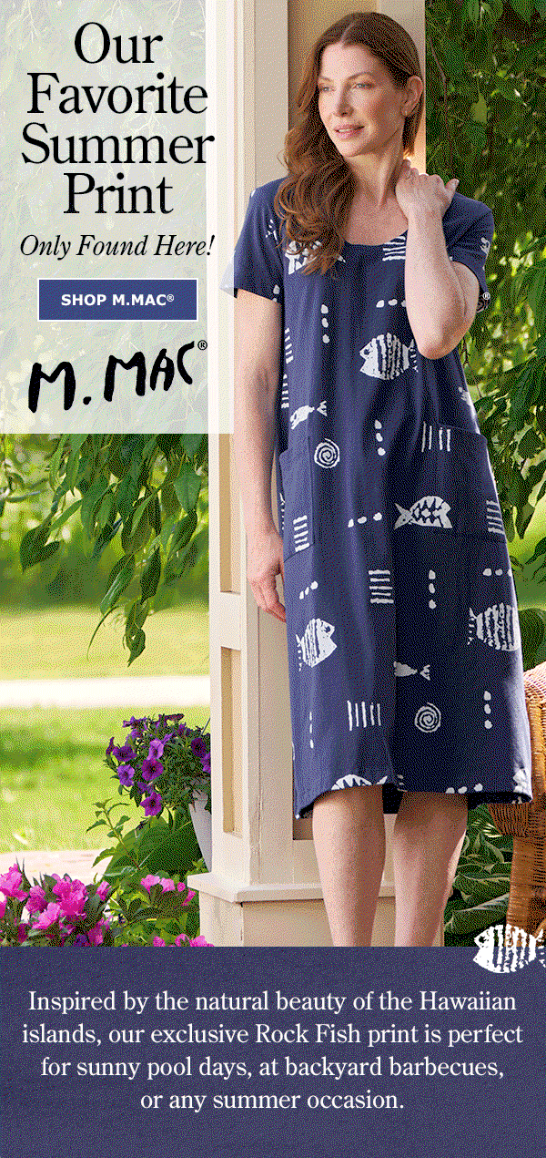 Our Favorite Summer Print Only Found Here! Inspired by the natural beauty of the Hawaiian islands, our exclusive Rock Fish print is perfect for sunny pool days, at backyard barbecues, or any summer occasion. Shop M.MAC. M.MAC Rock Fish Mid-Length Dress Cotton Knit With Pockets