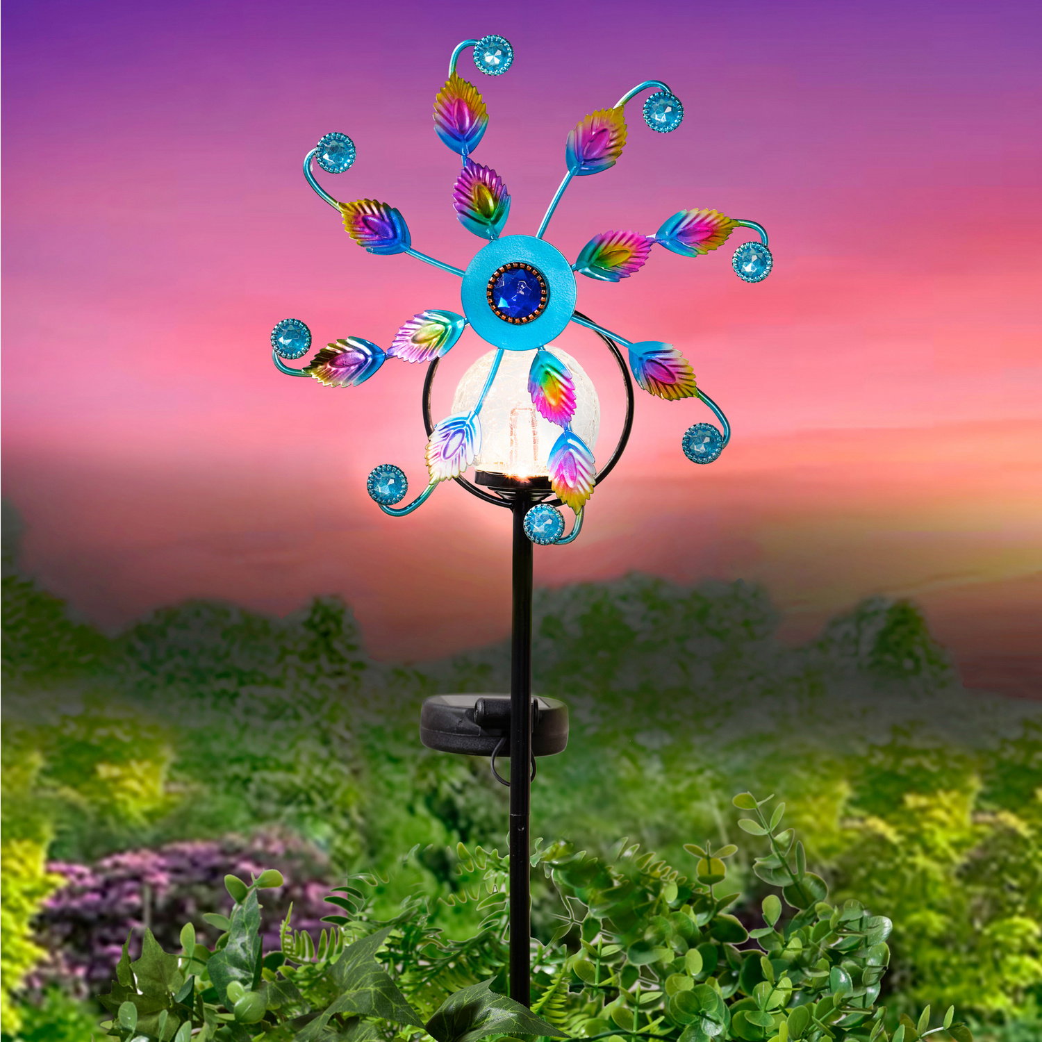 Gartenstecker Windspiel "Pfau" mit Solarleuchte
