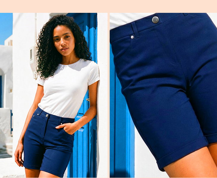Navy Elastic Waist Turn Up Stretch Shorts