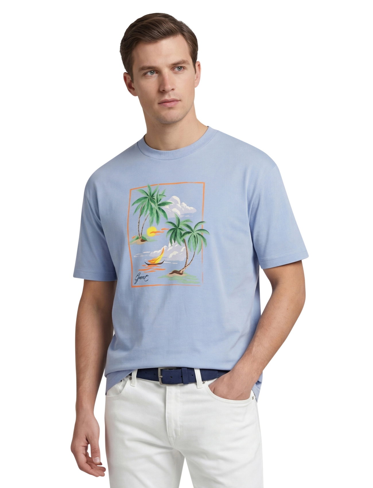 Gant t-shirt lichtblauw effen met palmbomen opdruk