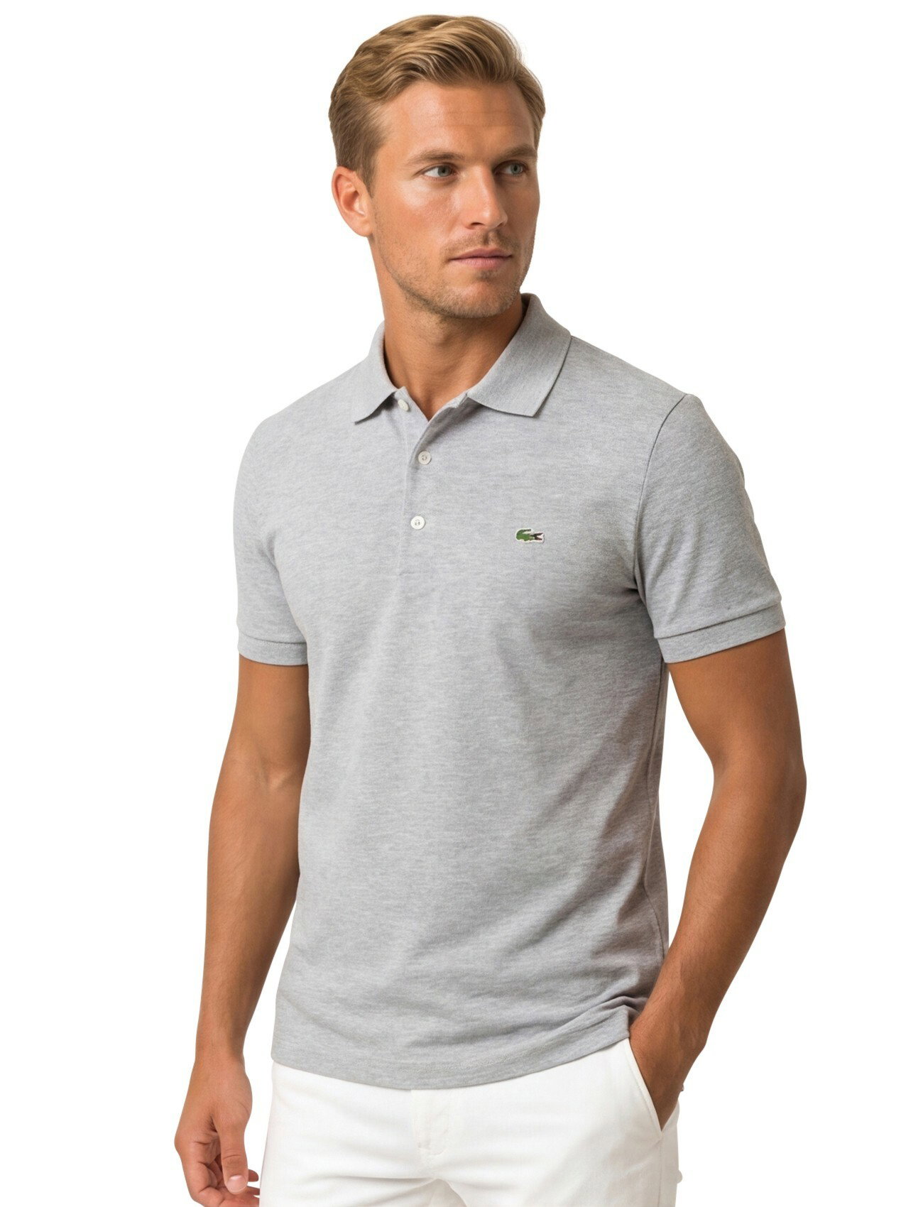 Lacoste poloshirt lichtgrijs met logo effen katoen slim fit